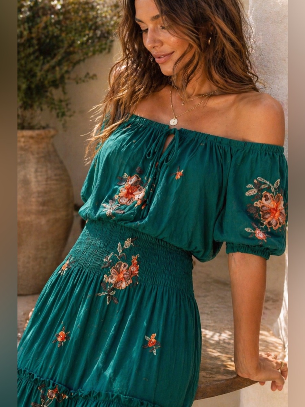 NWT Kindred Anthropologie Green Embroidered Maxi Dress Boho Off Shoulder - Picture 2 of 11
